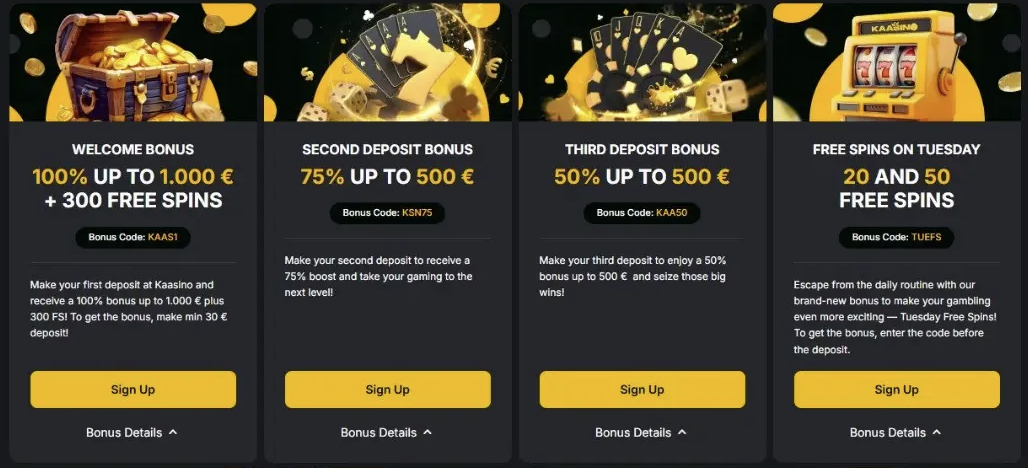 Kenmerken van de bonussen bij Kaasino Casino  